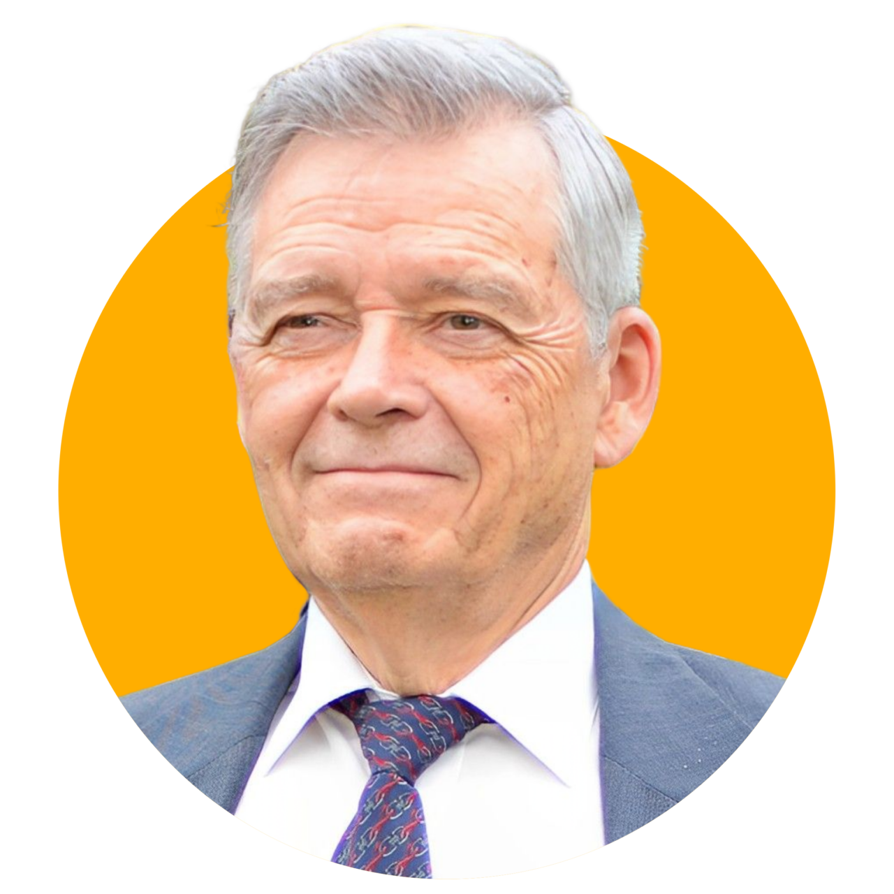 Wilbur, vestido com terno cinza sobre uma camiseta branca, gravata xadrez. Visivelmente feliz e confiante.